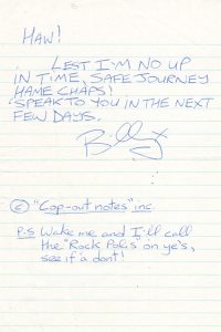 Billy's 'Don't dare wake me up in the morning' note left for me an' Keith, Frankfurt Marriott 2.7.91