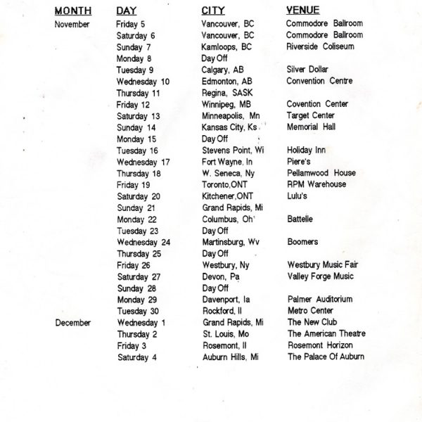 Total Recall North American tour itinerary extract 11/12.93
