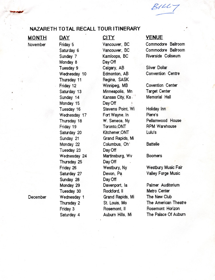 Total Recall North American tour itinerary extract 11/12.93