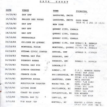 No Loss/Bullshot tour itinerary extract 10/11.83