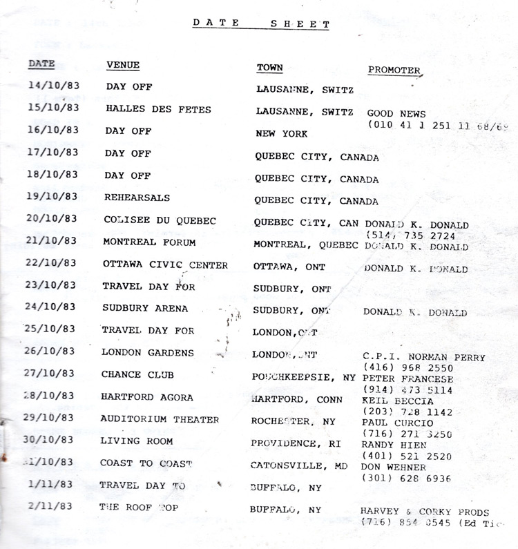 No Loss/Bullshot tour itinerary extract 10/11.83