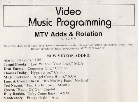 Baby Come Back added to MTV rotation 8.2.84